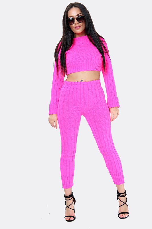 Style Moda Ladies Hot Pink Crop Knitwear Co-Ord Set One Size