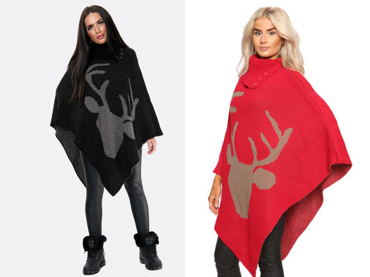 Style Moda Deer Poncho Shawl Knitted One Size