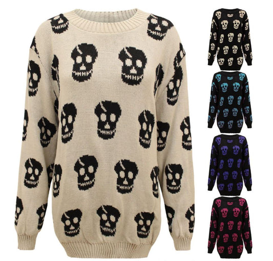 Ladies Skull Knitted Crew Neck Pullover Jumper Sweaters